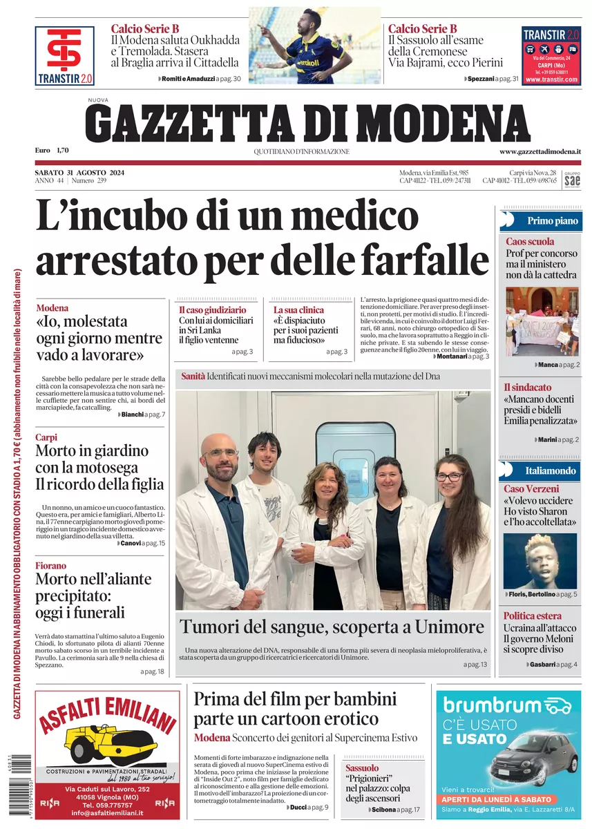 Prima-pagina-gazzetta di modena-oggi-edizione-del-2024-08-31